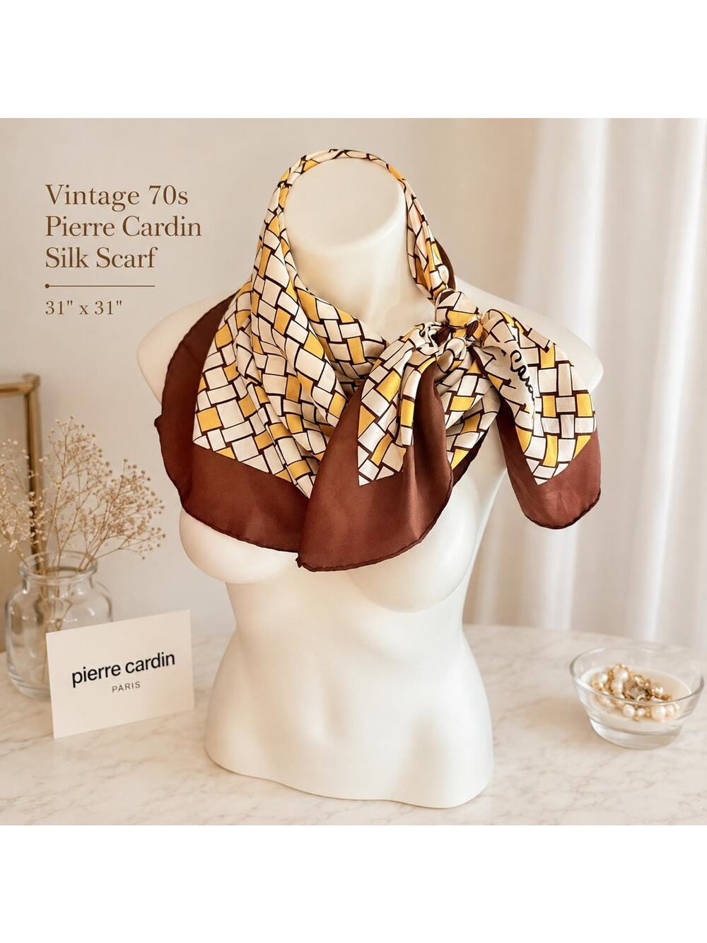 Vintage Pierre Cardin Silk Scarf 31” Basketweave Geometric Brown Gold Mod 1970s